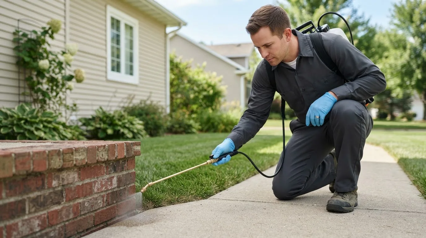 Pest control technician treating a home near Conesville, IA