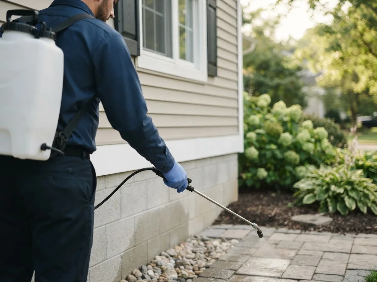 Pest control technician inspecting a home in Conesville, IA